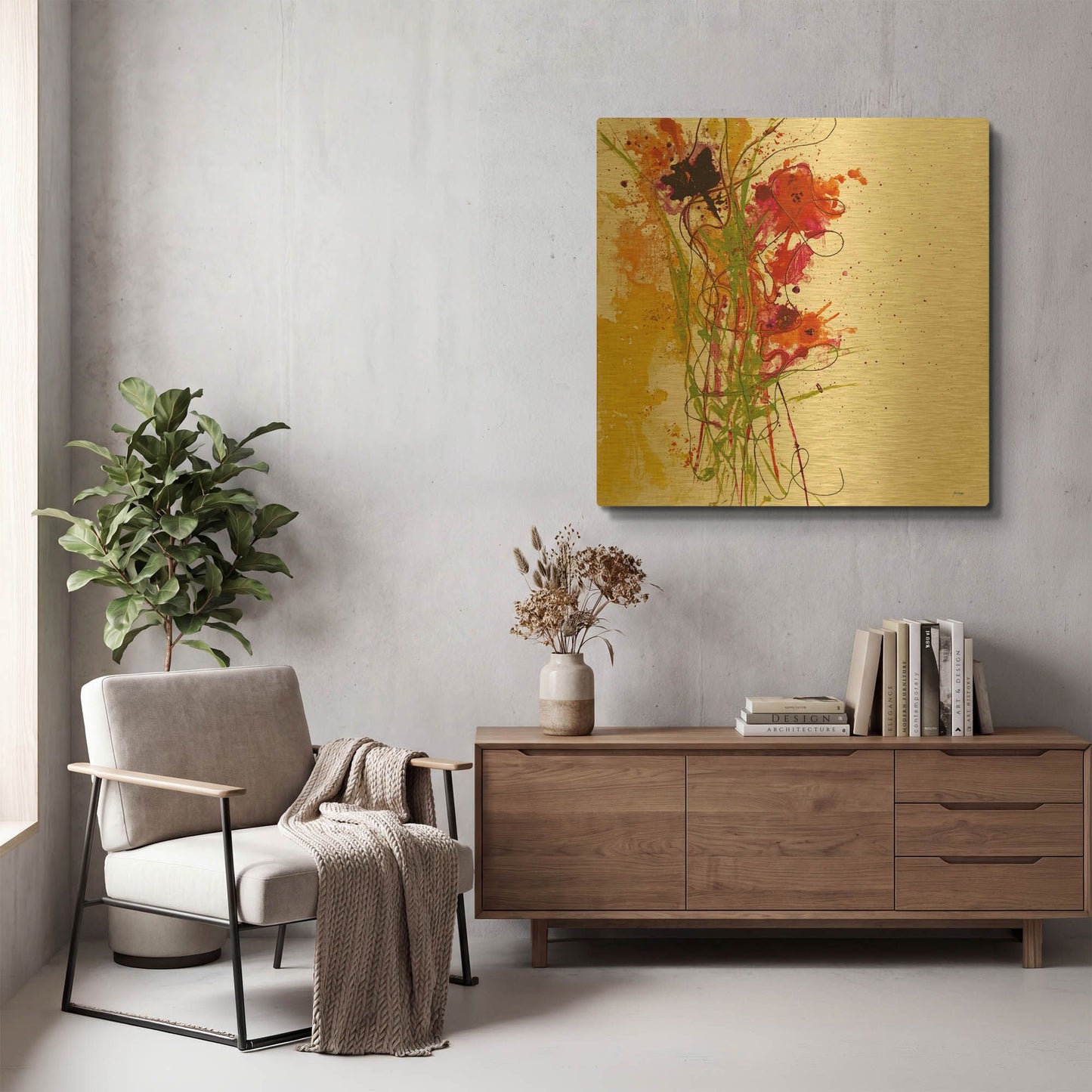 'Flower Tango on White' By Jan Griggs Gold Metal Wall Art