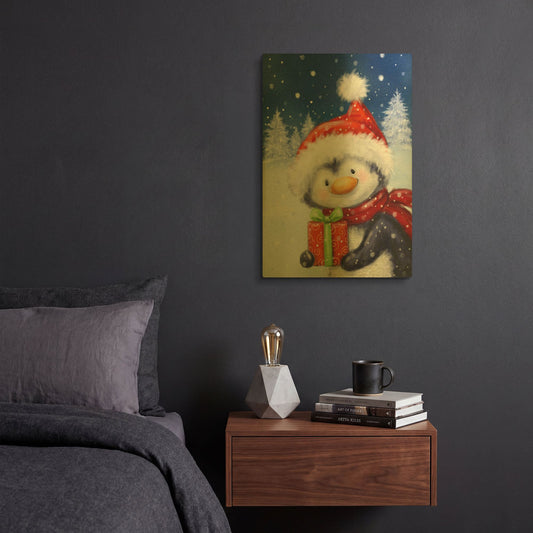 'Penguin With Present' By Makiko Gold Metal Wall Art