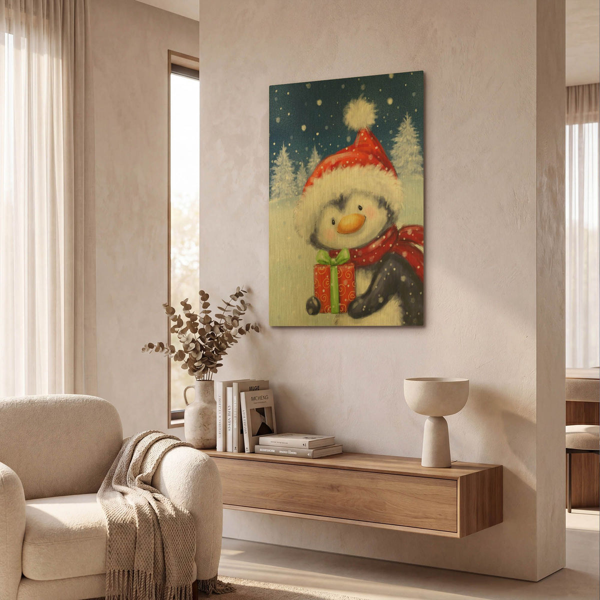 'Penguin With Present' By Makiko Gold Metal Wall Art