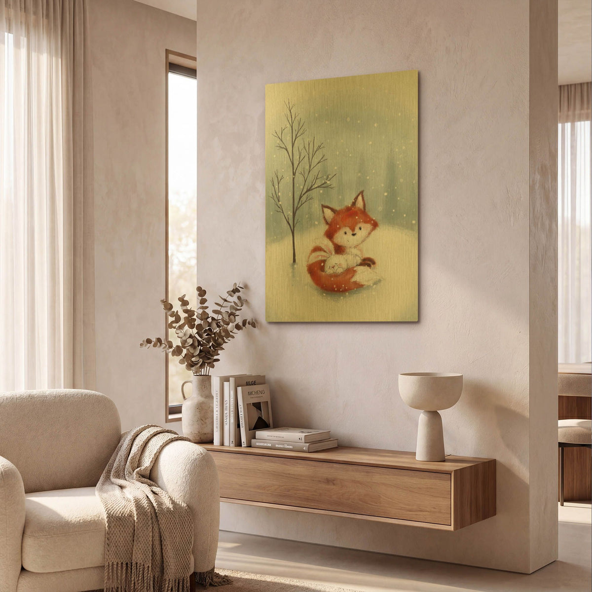 'Fox And Rabbit 1' By Makiko Gold Metal Wall Art