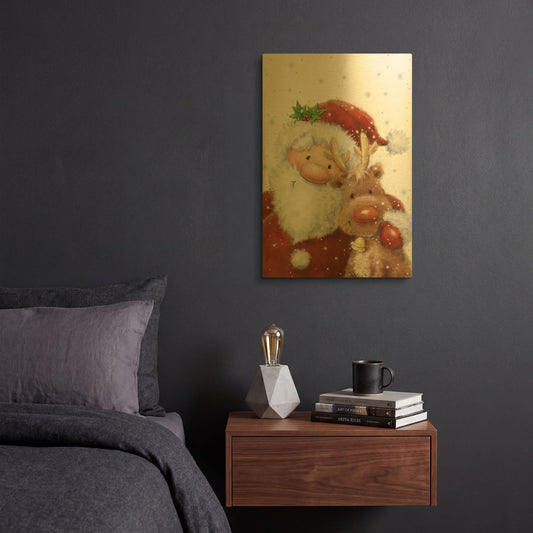 'Santa and Reindeer 4' By Makiko Gold Metal Wall Art
