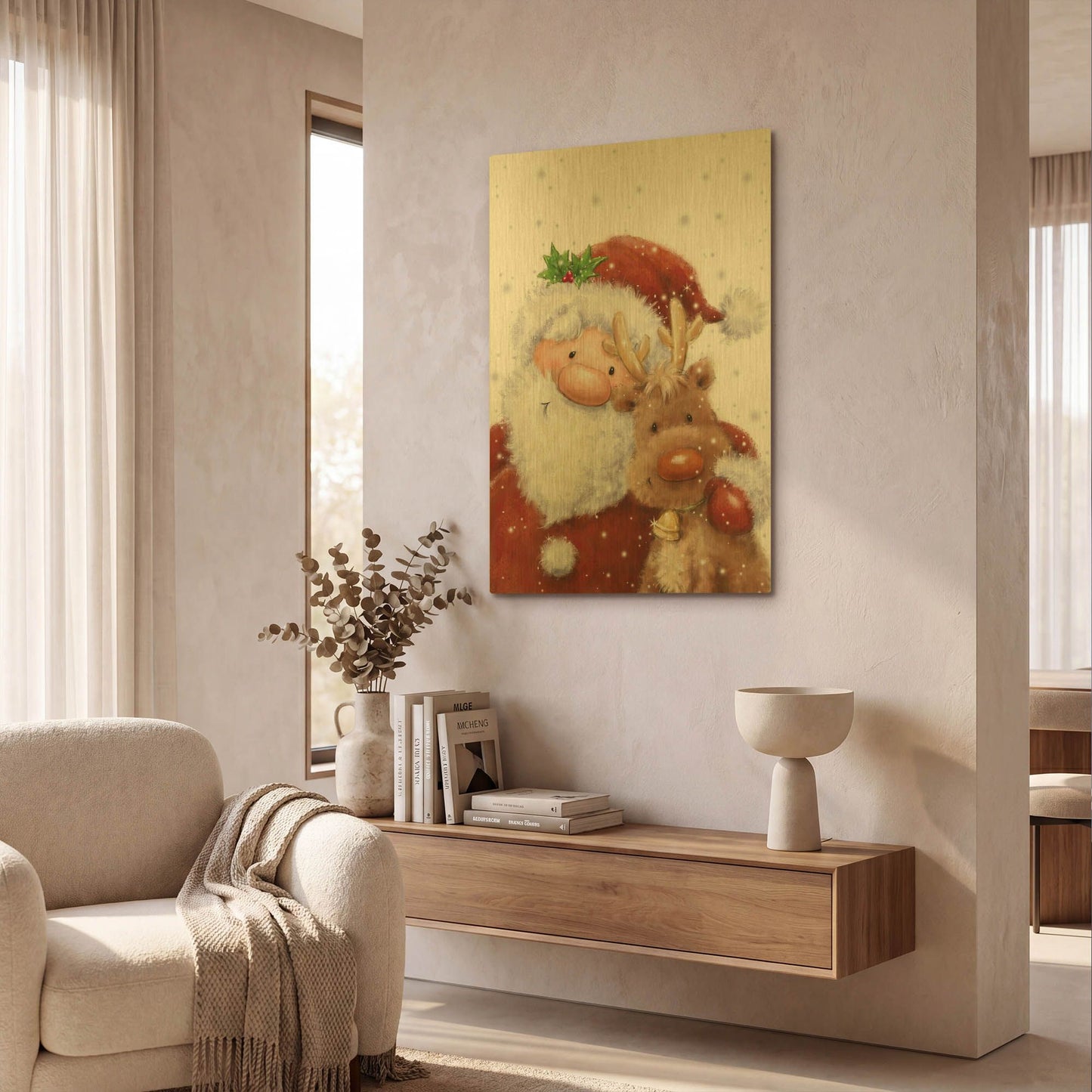 'Santa and Reindeer 4' By Makiko Gold Metal Wall Art