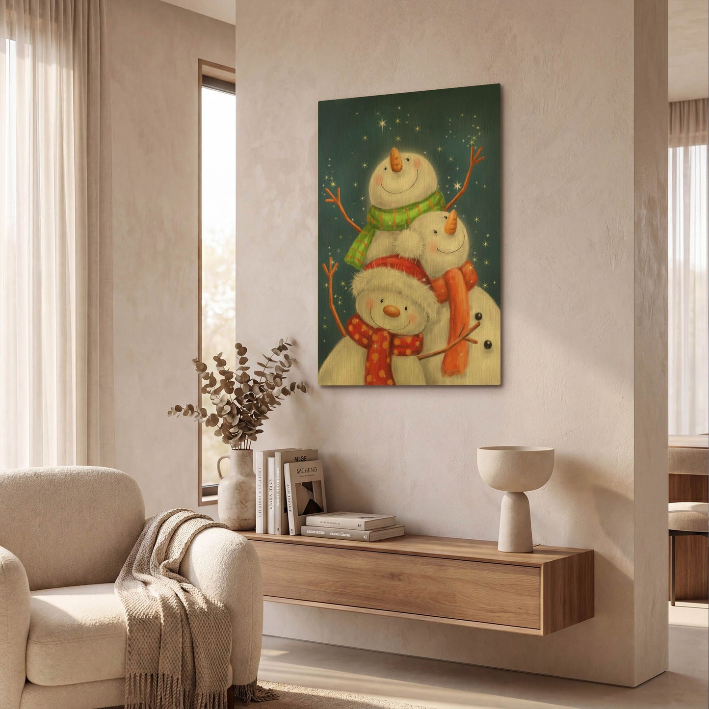 'Three Snowmen Blue Background' By Makiko Gold Metal Wall Art