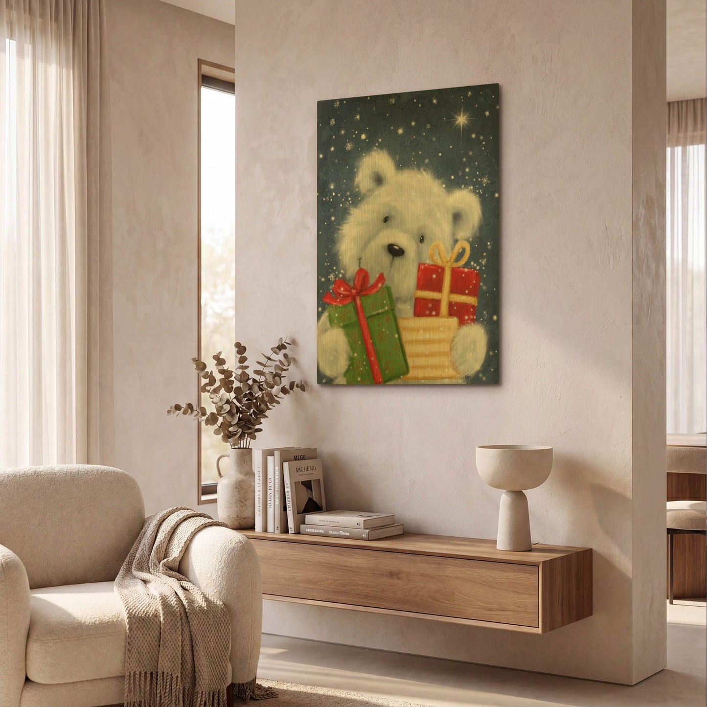 'Polar Bear and Presents' By Makiko Gold Metal Wall Art
