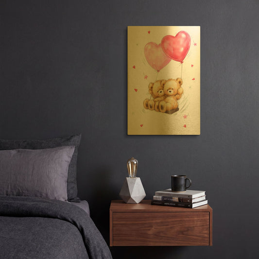 'Two Bears on Heart Swing' By Makiko Gold Metal Wall Art