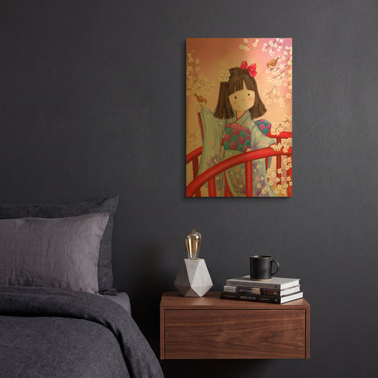 'Japanese Girl Bird 2' By Makiko Gold Metal Wall Art