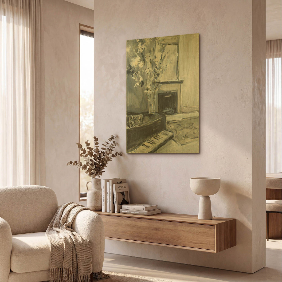 'Piano And Fireplace' By JD Gold Metal Wall Art