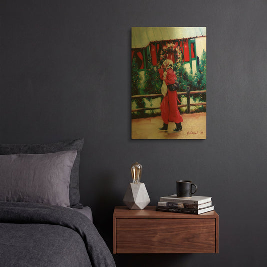 'Red Coat & Santa House' By Robin Anderson Gold Metal Wall Art