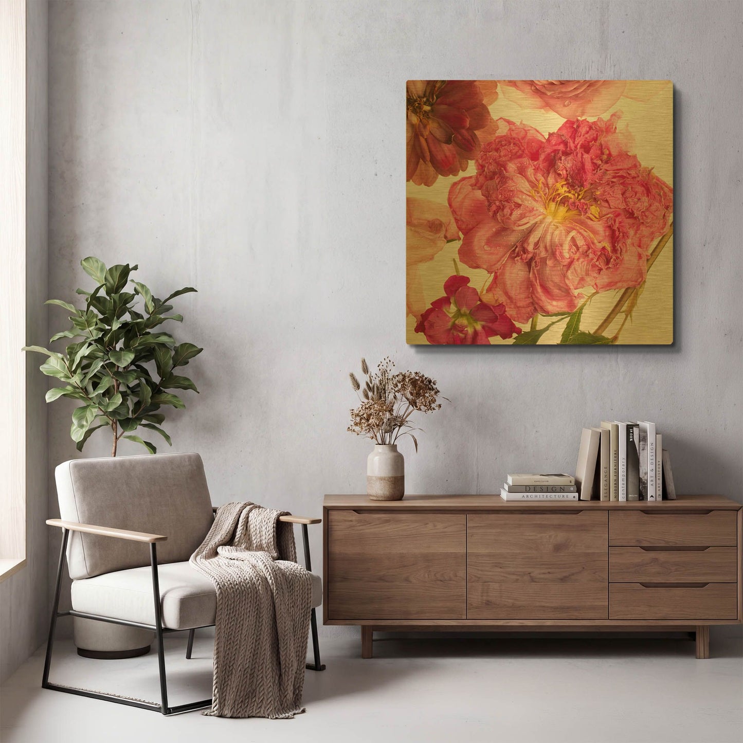 'Peony Dream on White' By Leah McLean Gold Metal Wall Art