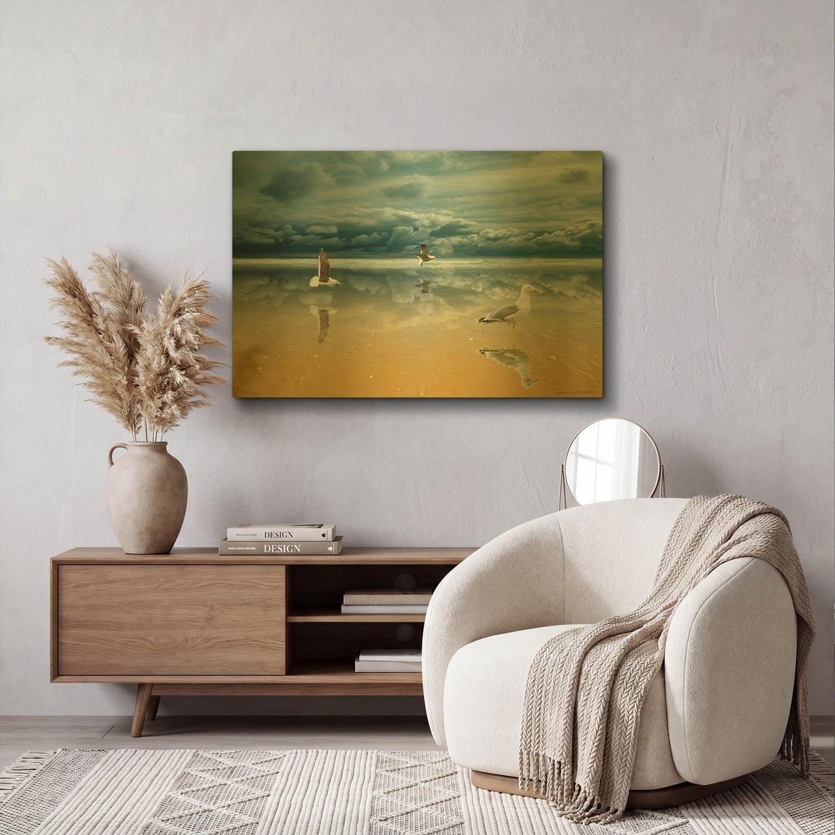 'Seagulls on the Beach' By Carlos Casamayor Gold Metal Wall Art