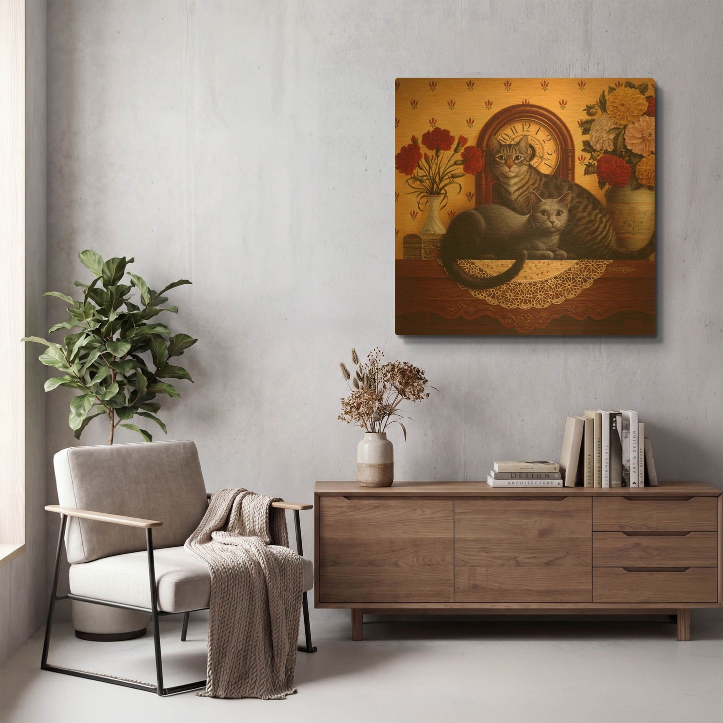 '047 Mantel Cats' By Dan Craig Gold Metal Wall Art