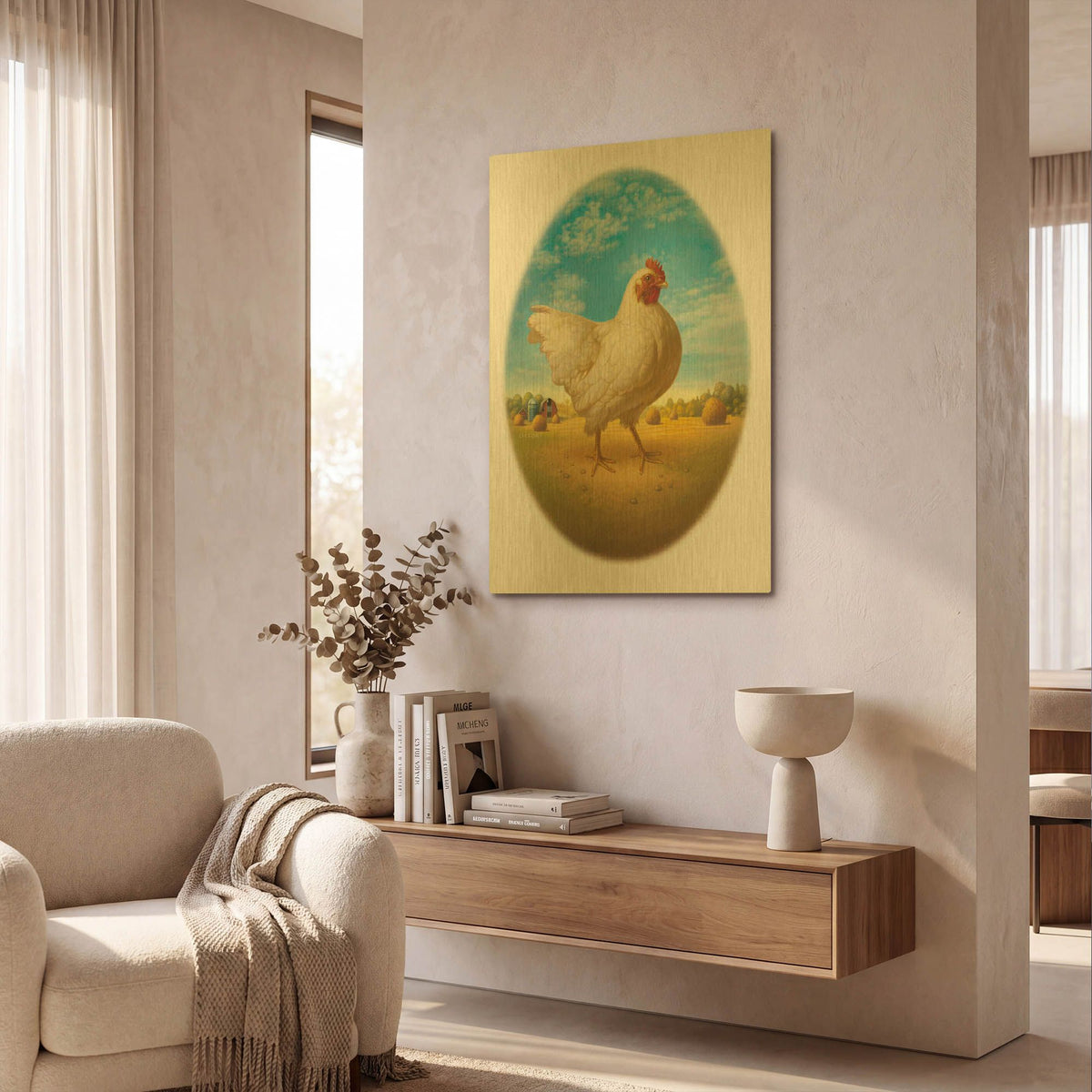 'Smaller Promo Chicken-Egg' By Dan Craig Gold Metal Wall Art