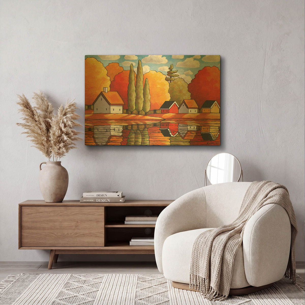 'Fall Water Cabin Reflections' By Cathy Horvath Gold Metal Wall Art