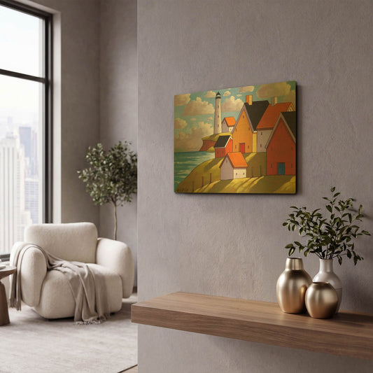 'Lighthouse Cottage Hillside View' By Cathy Horvath Gold Metal Wall Art
