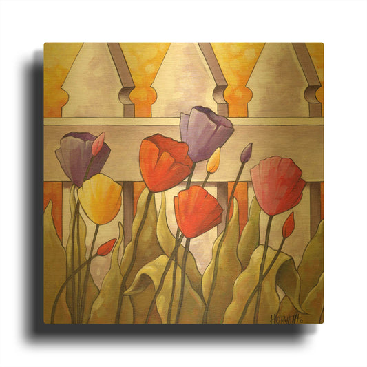 'Flower Fence 2' By Cathy Horvath Gold Metal Wall Art