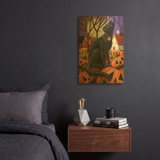 'Moon Cat & Pumpkins' By Cathy Horvath Gold Metal Wall Art