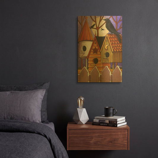 'Moon Crows Houses' By Cathy Horvath Gold Metal Wall Art