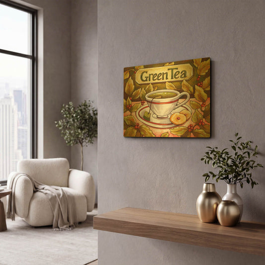 'Tea Time Green Tea' By Cathy Horvath Gold Metal Wall Art