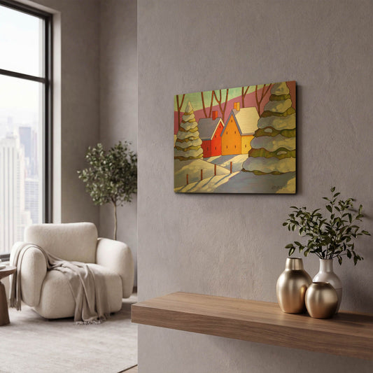 'Snow Houses View' By Cathy Horvath Gold Metal Wall Art