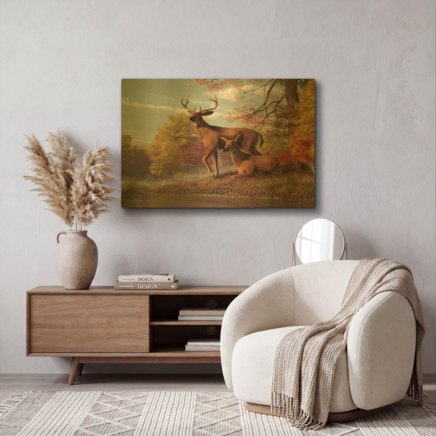 'Deer On An Autumn Lakeshore' By Daniel Eskridge Gold Metal Wall Art