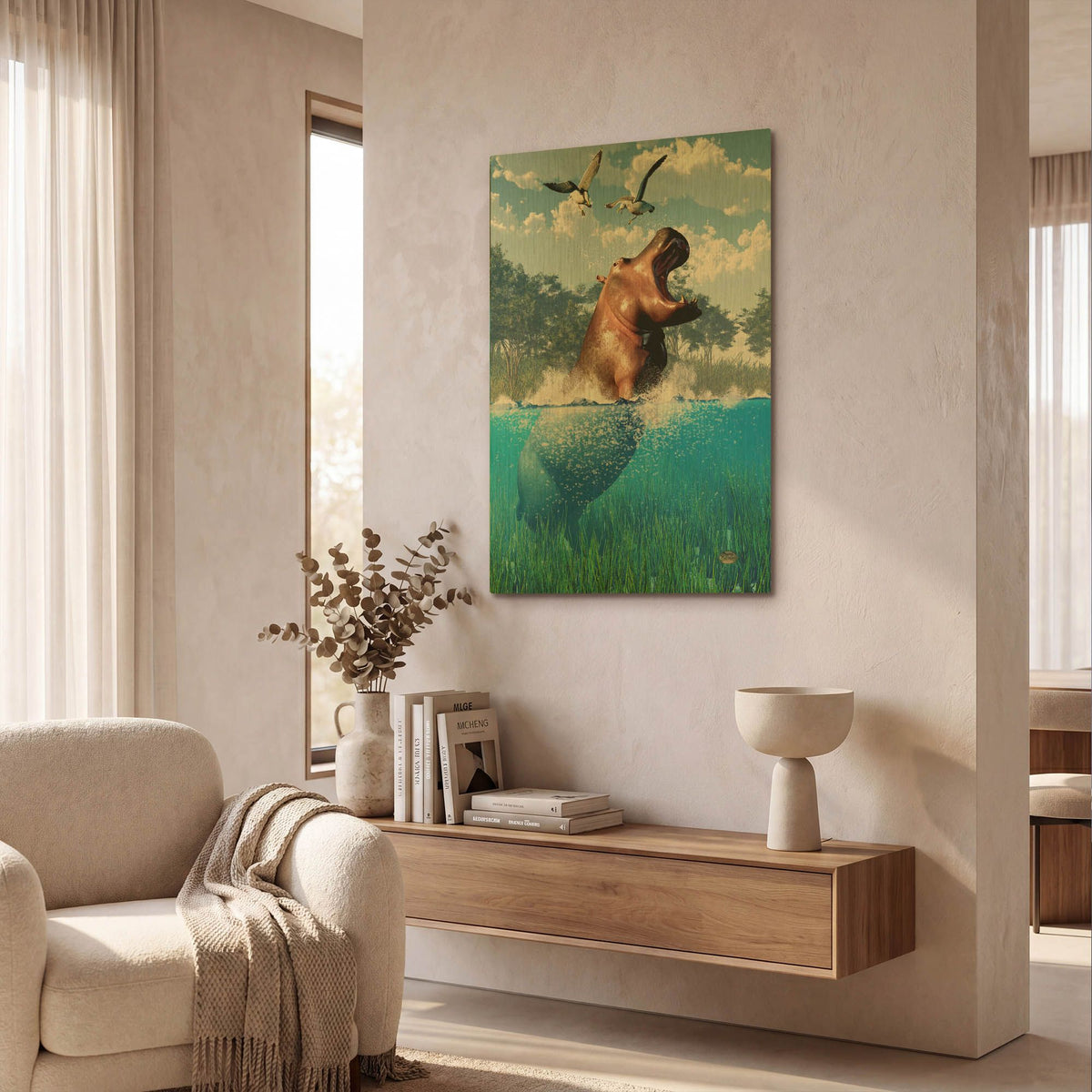 'Lunging Hippo' By Daniel Eskridge Gold Metal Wall Art