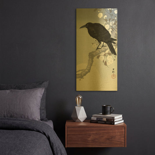'Crow at Full Moon 1900-1930' By Ohara Koson Gold Metal Wall Art