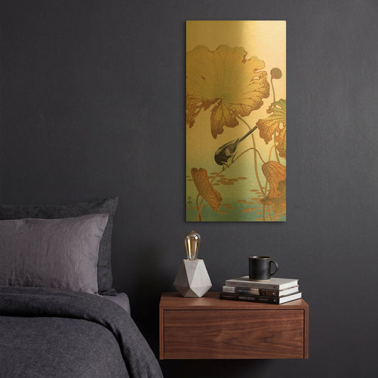'Japanese Wagtail on Lotus Plant 1925-1936' By Ohara Koson Gold Metal Wall Art