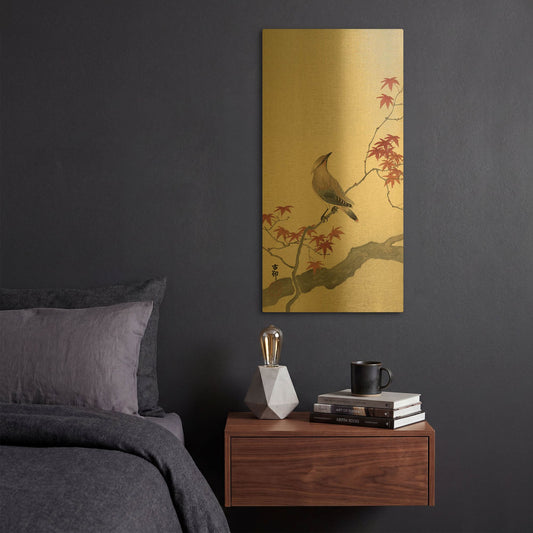 'Japanese Waxwing on Maple 1900-1936' By Ohara Koson Gold Metal Wall Art