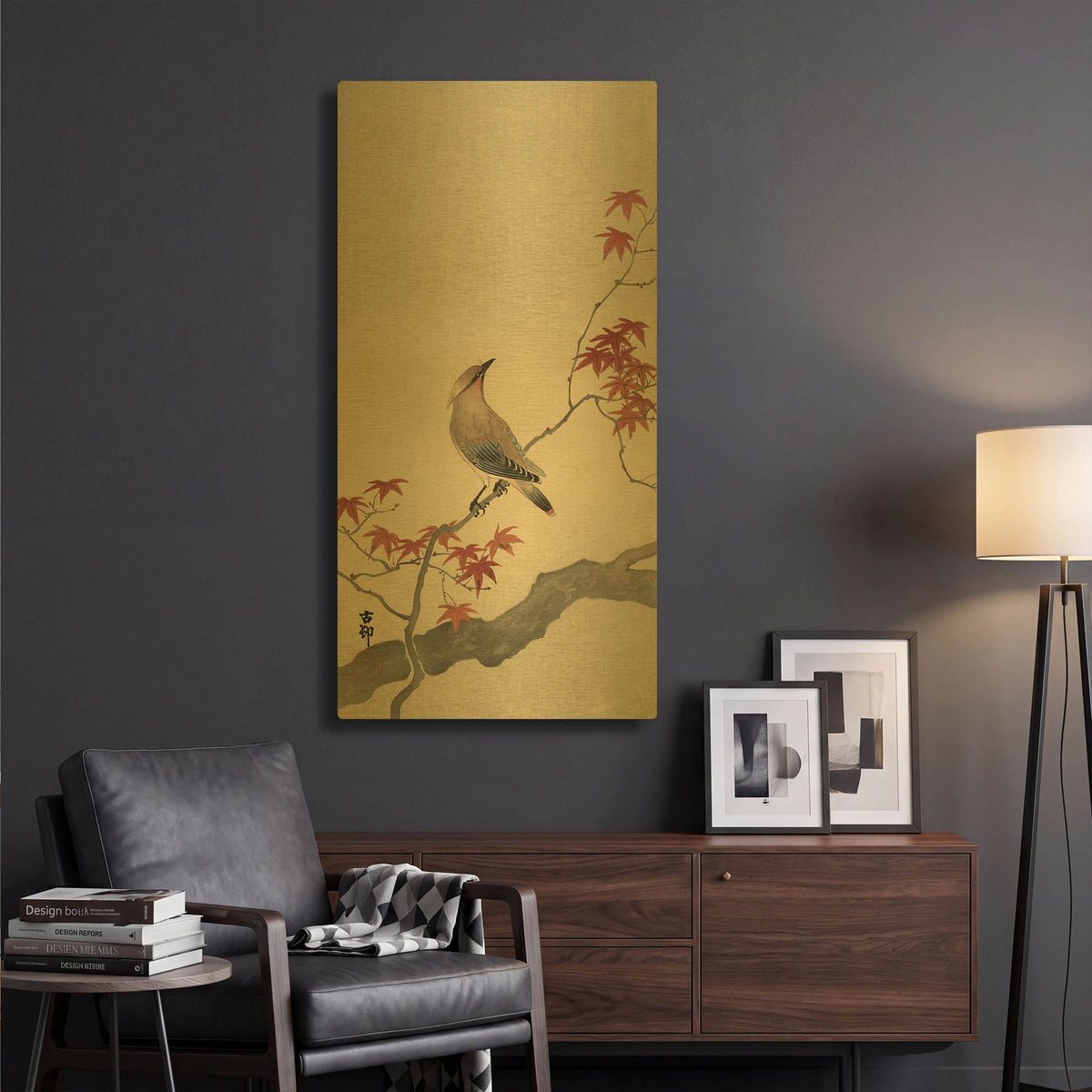 'Japanese Waxwing on Maple 1900-1936' By Ohara Koson Gold Metal Wall Art
