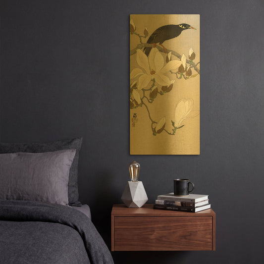 'Myna on Magnolia Branch 1900-1910' By Ohara Koson Gold Metal Wall Art