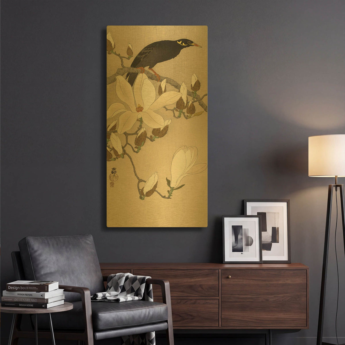 'Myna on Magnolia Branch 1900-1910' By Ohara Koson Gold Metal Wall Art
