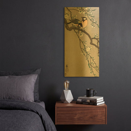 'Songbirds on Cherry Branch 1900-1910' By Ohara Koson Gold Metal Wall Art
