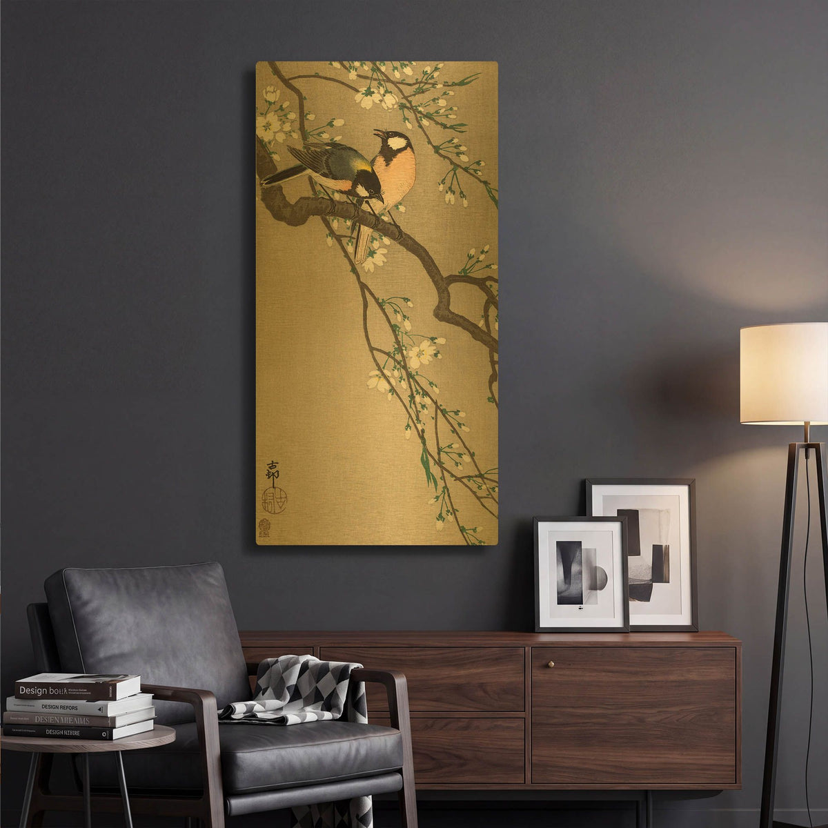 'Songbirds on Cherry Branch 1900-1910' By Ohara Koson Gold Metal Wall Art