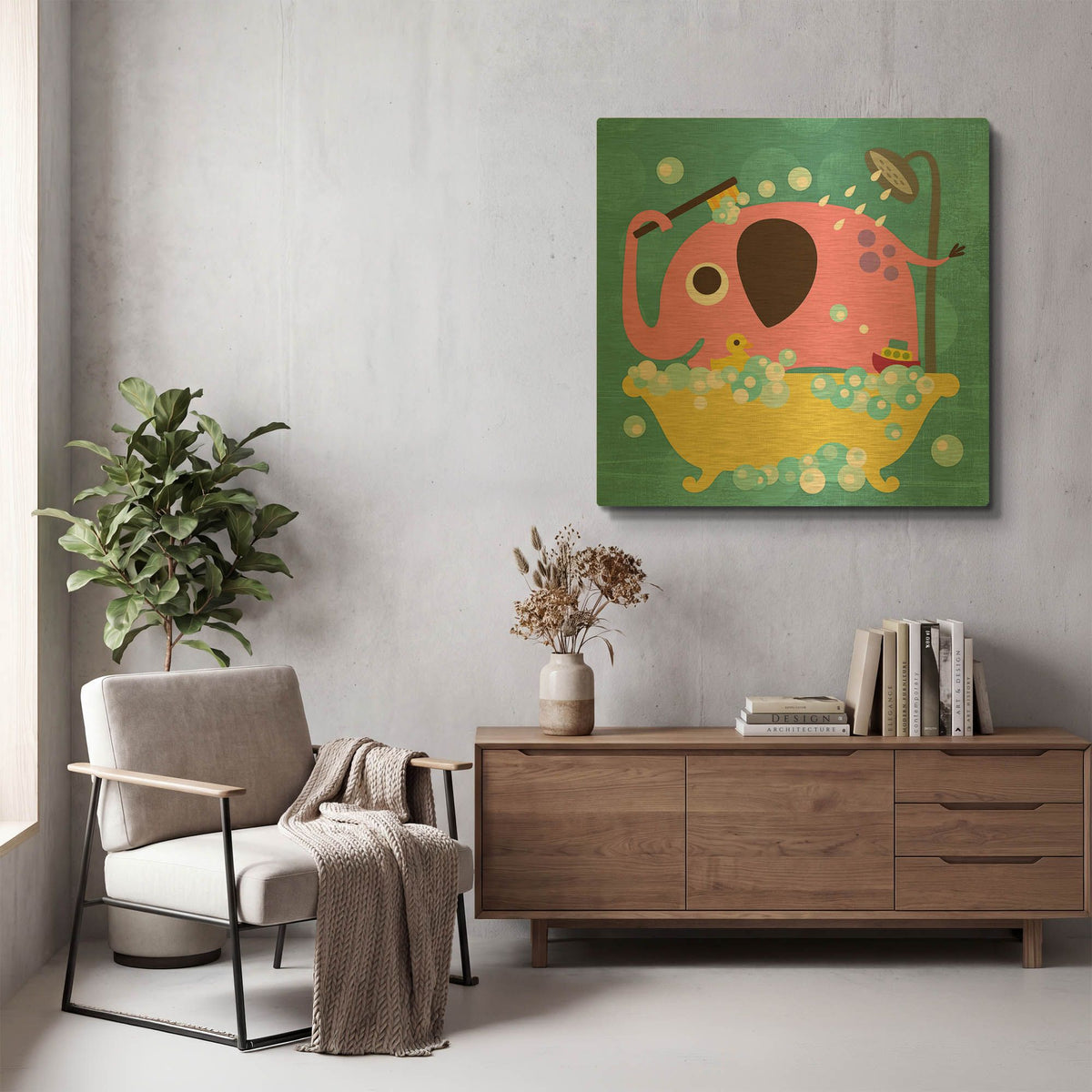 'Elephant in Bathtub' By Nancy Lee Gold Metal Wall Art