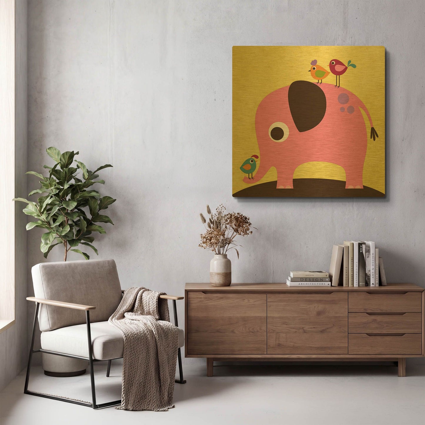 'Elephant with Birds' By Nancy Lee Gold Metal Wall Art
