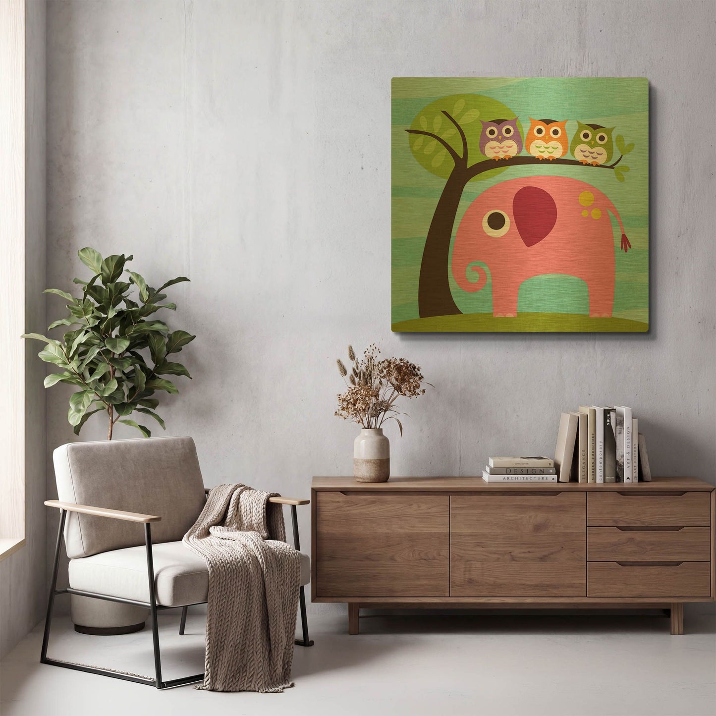 'Elephant with Three Owls' By Nancy Lee Gold Metal Wall Art