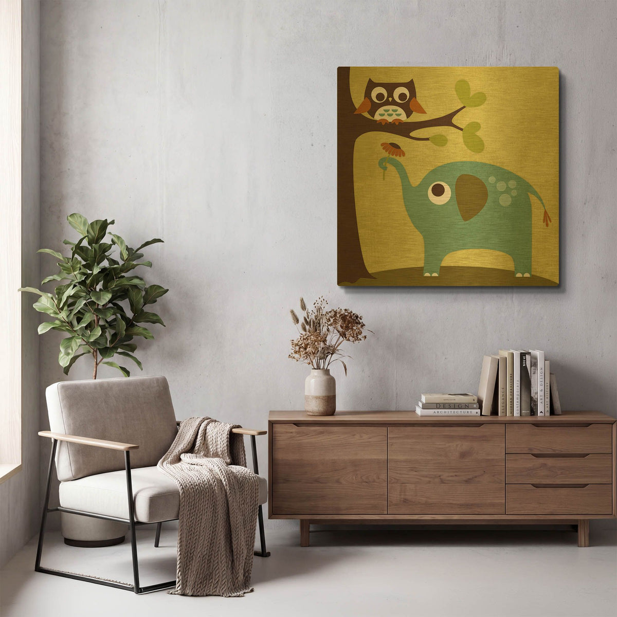 'Owl and Elephant' By Nancy Lee Gold Metal Wall Art