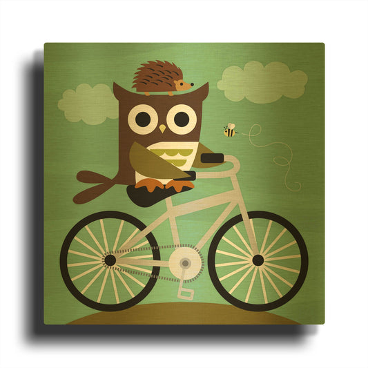 'Owl and Hedgehog on Bicycle' By Nancy Lee Gold Metal Wall Art