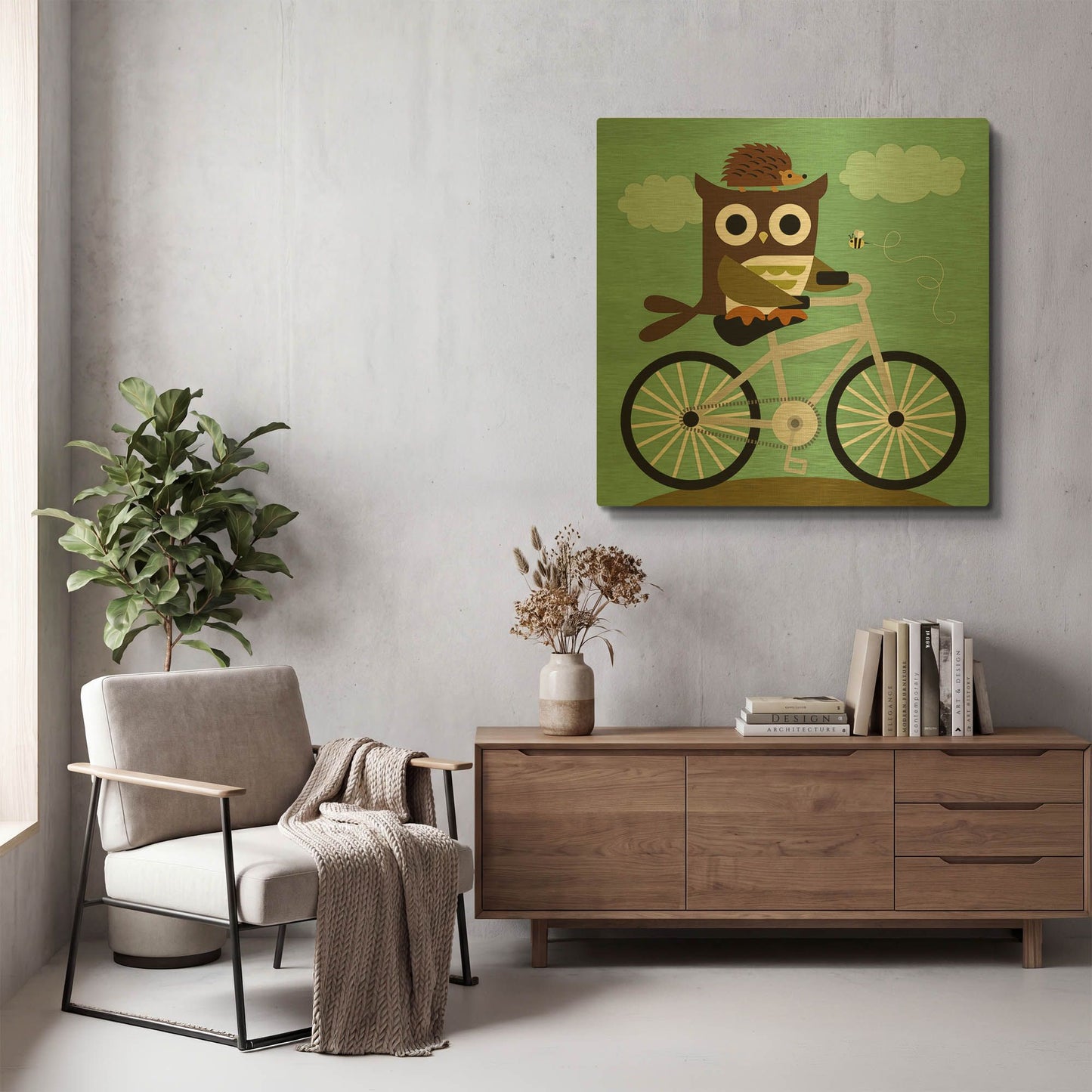 'Owl and Hedgehog on Bicycle' By Nancy Lee Gold Metal Wall Art
