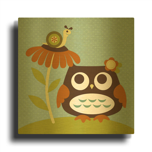 'Owl Looking at Snail' By Nancy Lee Gold Metal Wall Art