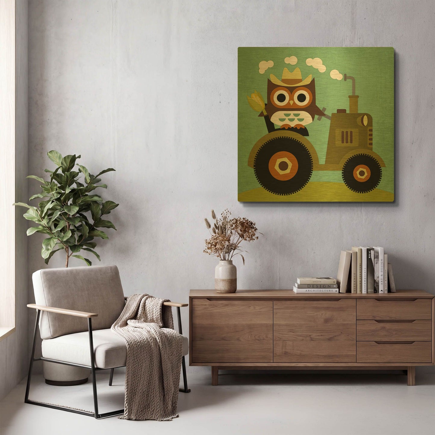 'Owl on Tractor' By Nancy Lee Gold Metal Wall Art