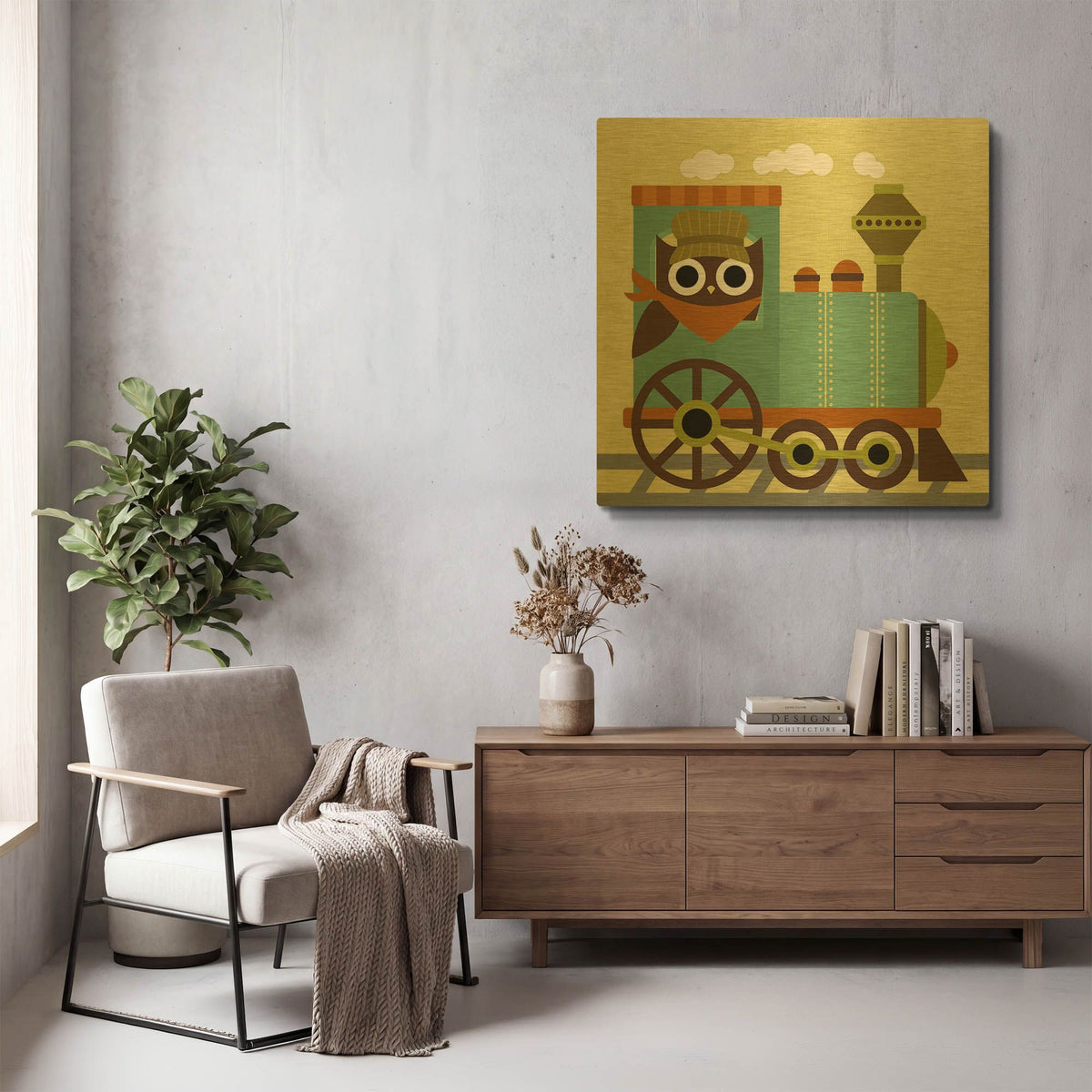 'Owl Train Conductor' By Nancy Lee Gold Metal Wall Art