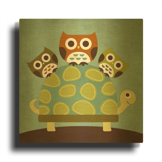 'Three Owls on Turtle' By Nancy Lee Gold Metal Wall Art