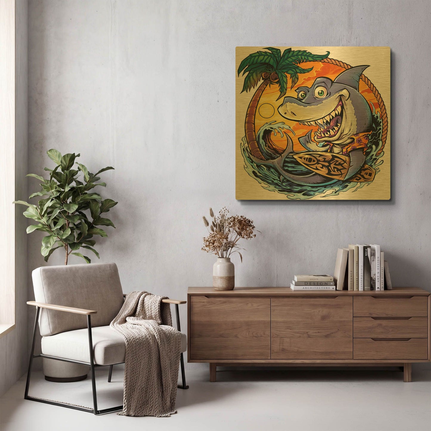 'Shark With Surfboard' By Flyland Designs Gold Metal Wall Art