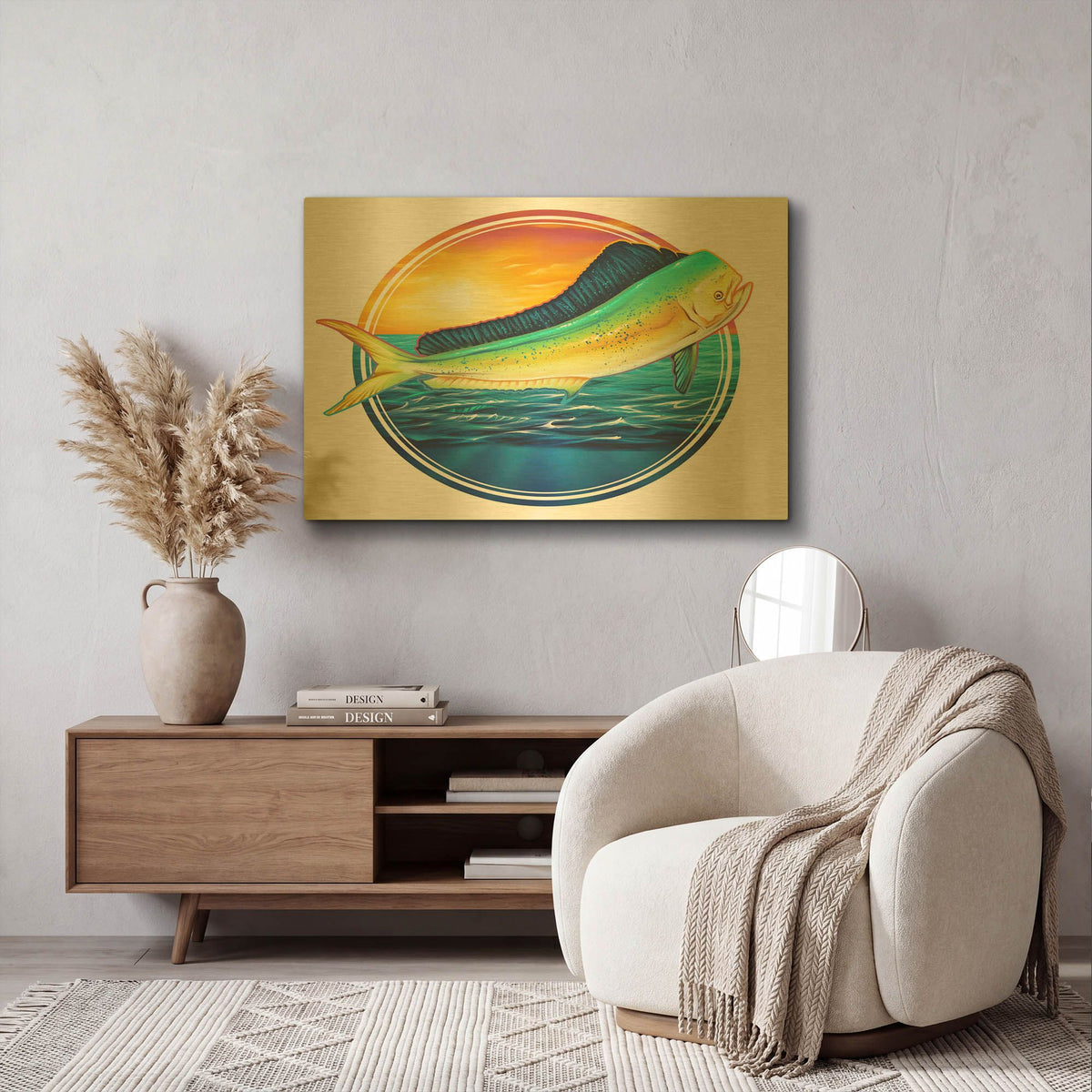 'Dolphin Fish Illustration' By Flyland Designs Gold Metal Wall Art