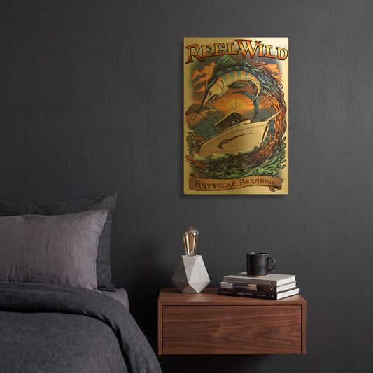 'Marlin Fishing Boat Reel Wild' By Flyland Designs Gold Metal Wall Art