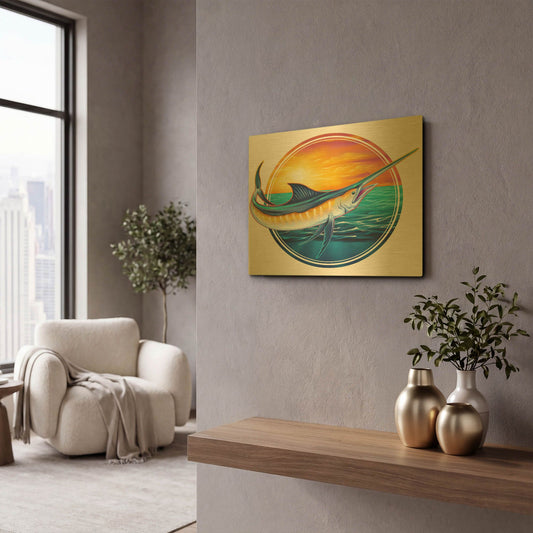 'Marlin Illustration' By Flyland Designs Gold Metal Wall Art