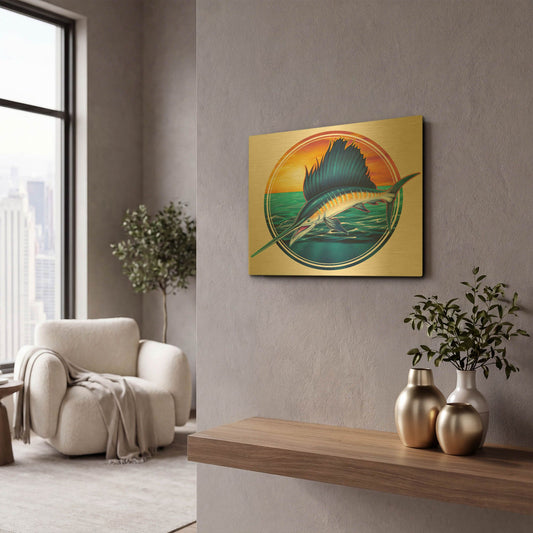 'Sailfish Illustration' By Flyland Designs Gold Metal Wall Art