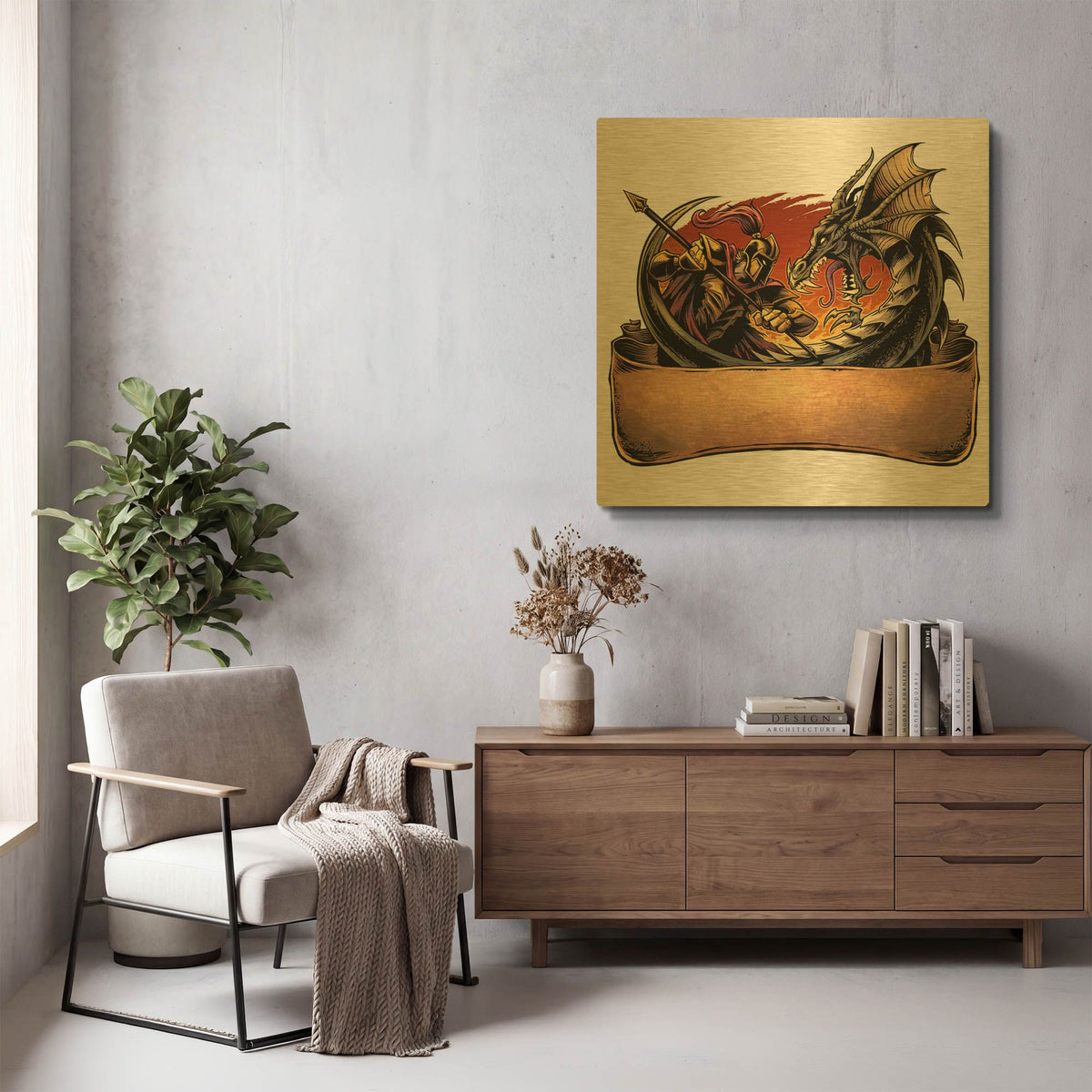 'Dragon and Knight' By Flyland Designs Gold Metal Wall Art