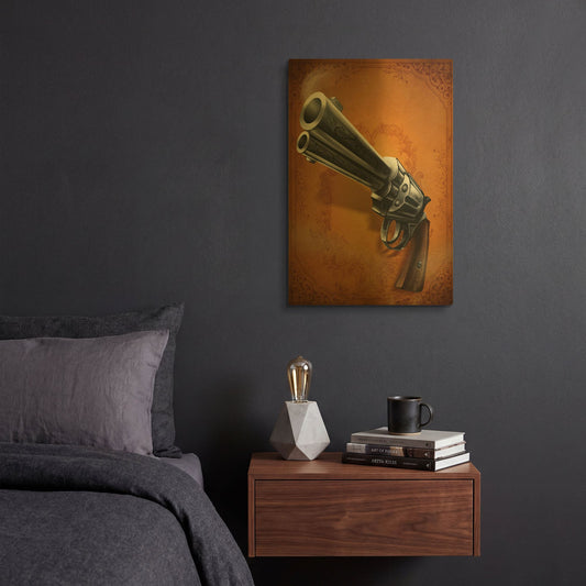 'Gunslinger - Single Gun 01' By Flyland Designs Gold Metal Wall Art